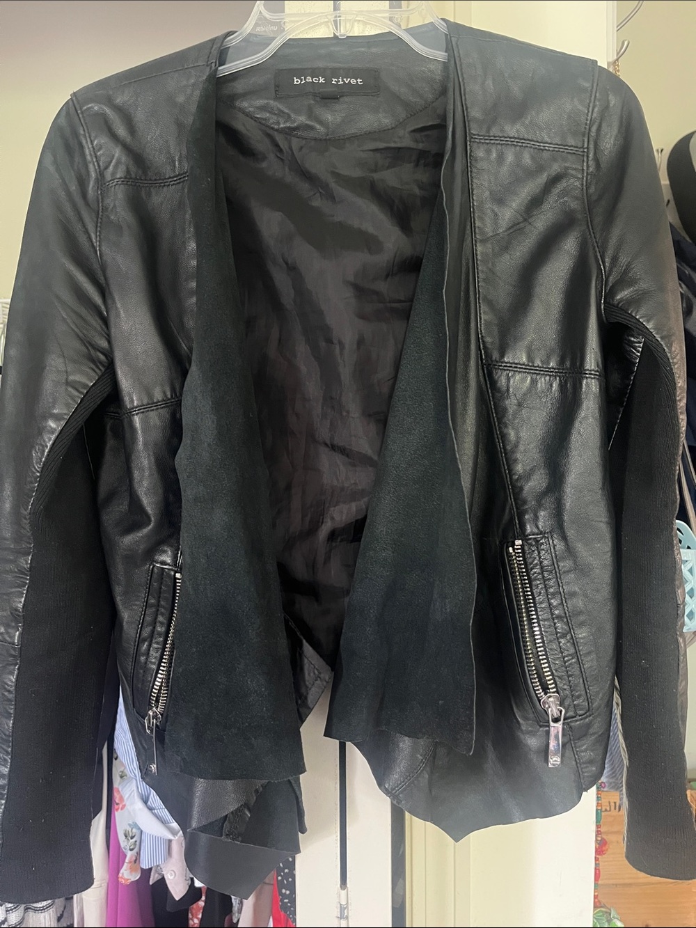 Black Rivet Women's Black Faux Leather Draped Open-Front Jacket